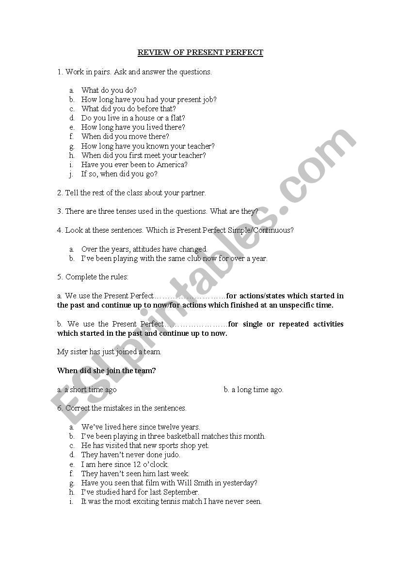 present perfect worksheet worksheet