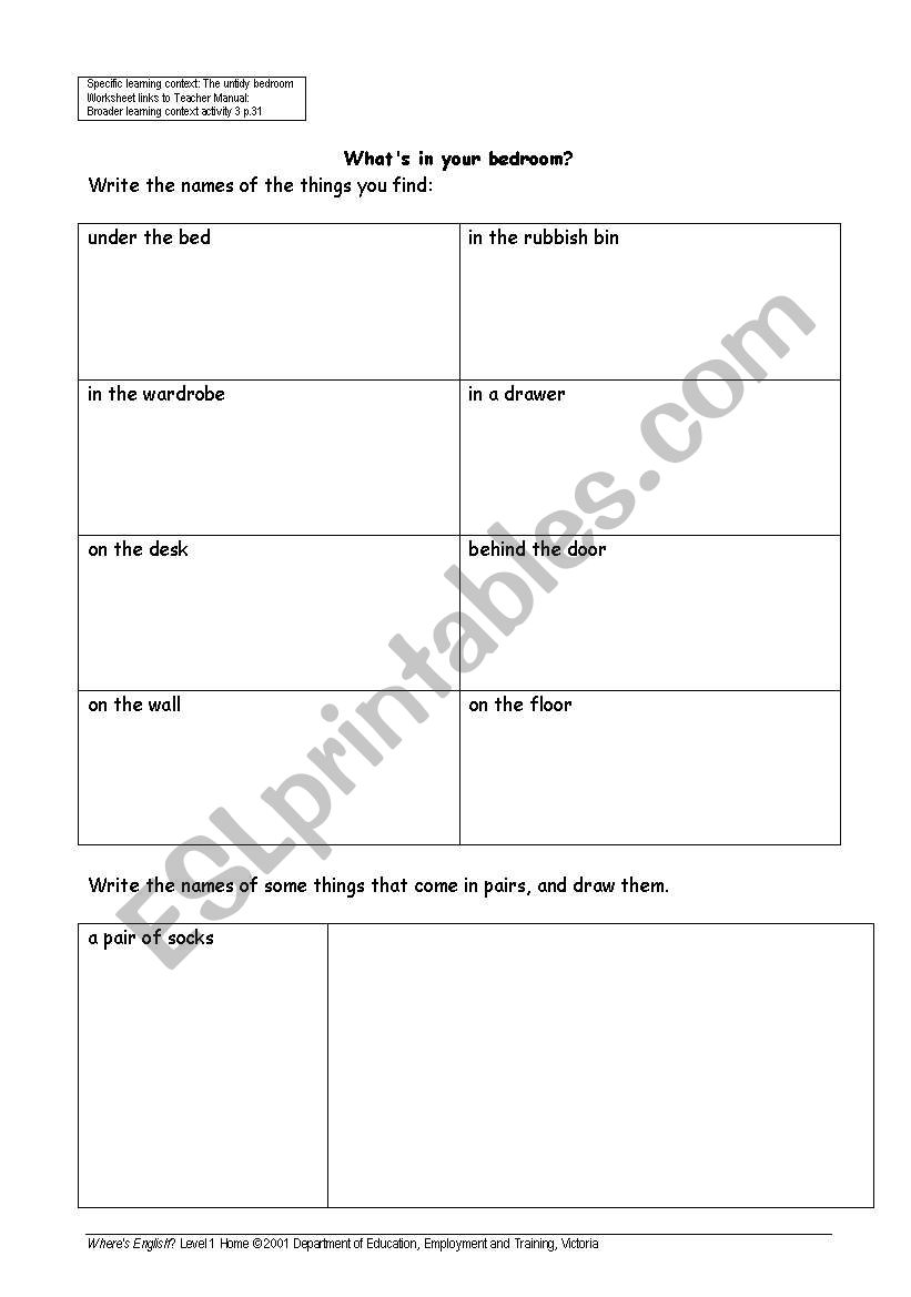 in the bedroom worksheet