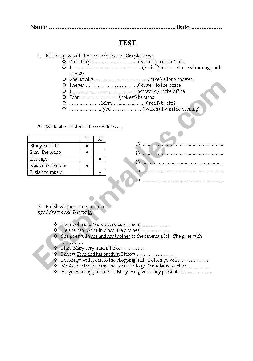 test on Present simple, adverbs of frequency and personal pronouns