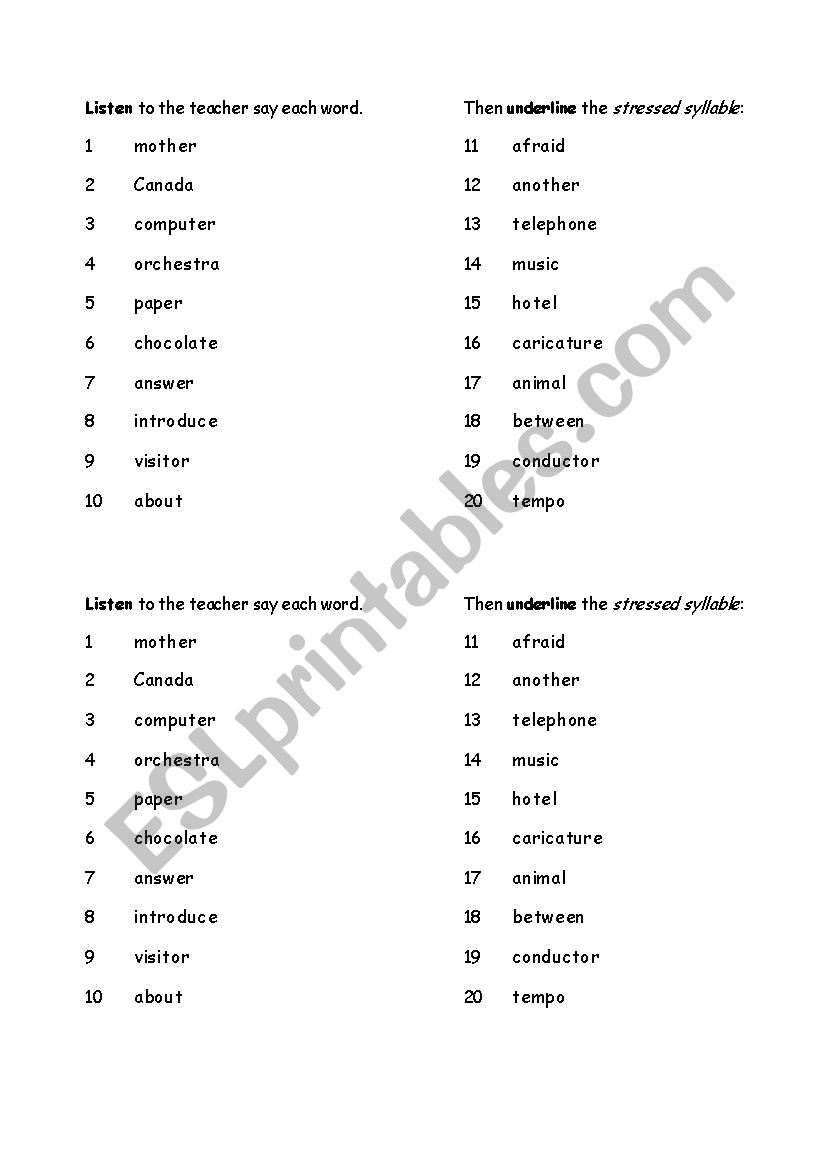 Identifying Word Stress worksheet
