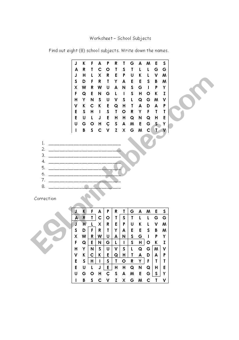 School subjects worksheet