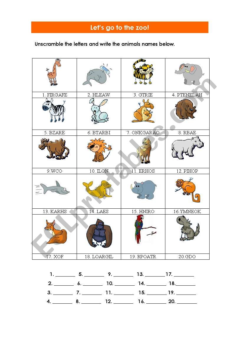 Unscramble the letters of the animals names - ESL worksheet by edurne_tudela