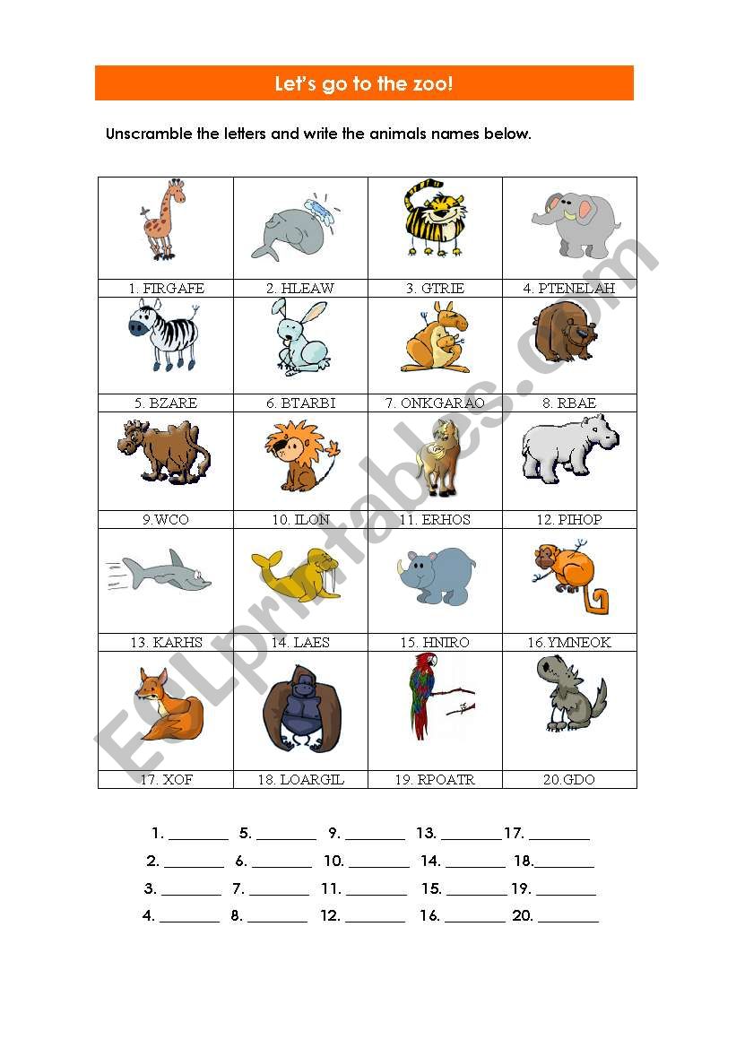 Unscramble the letters of the animals names