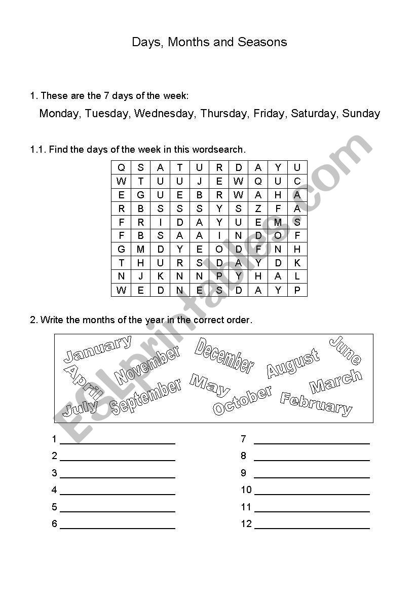 Days, Months and Seasons worksheet