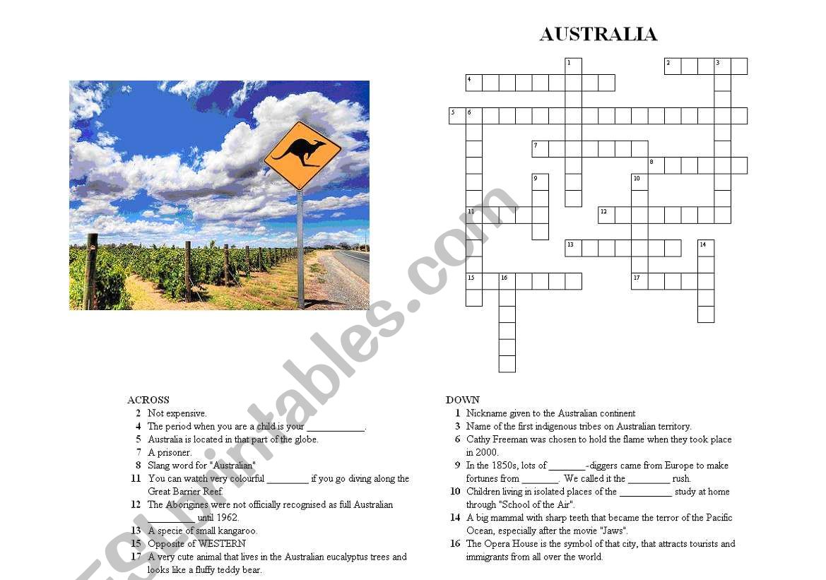 Crosswords on AUSTRALIA (Version 1/3) with ANSWER KEYS