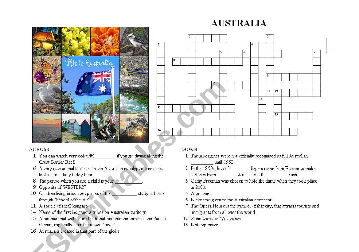 Crosswords on AUSTRALIA (Version 3/3) with ANSWER KEYS