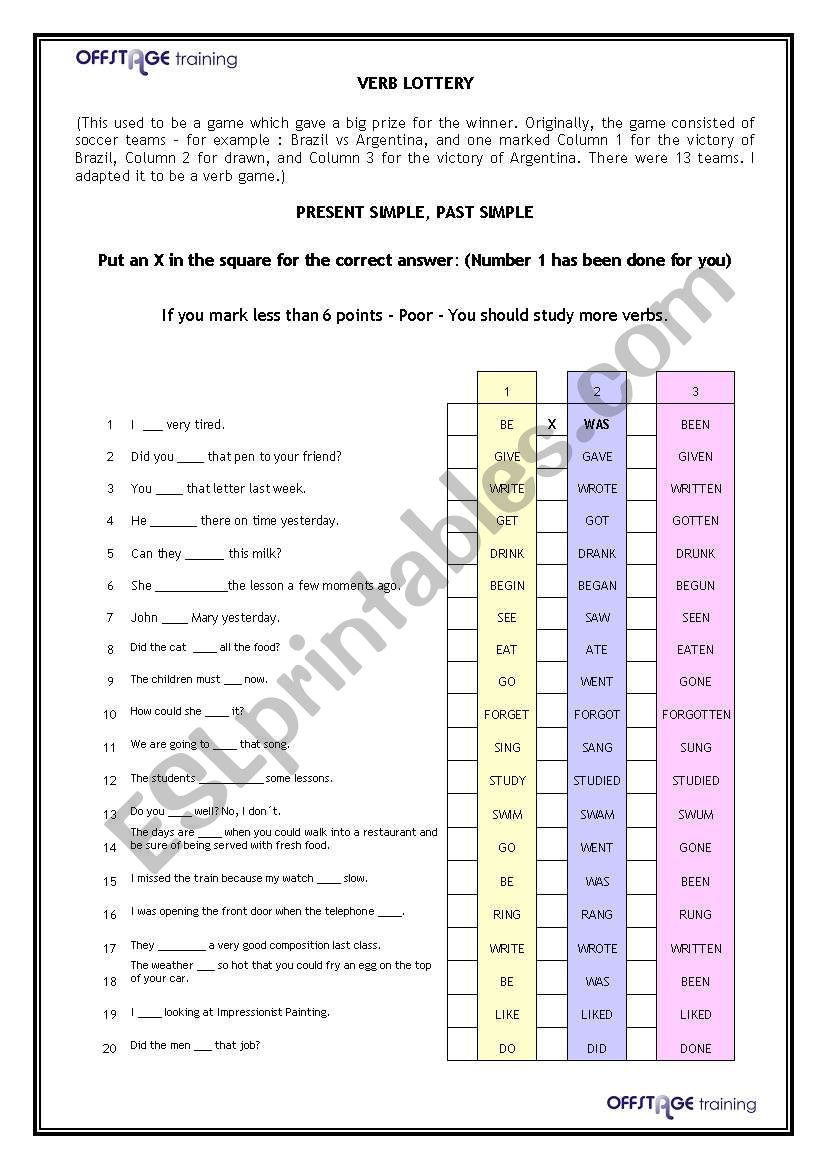 Present and Past Verb Lottery worksheet