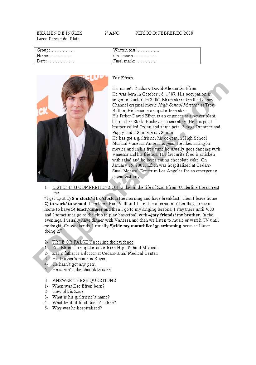 Zac Efron worksheet