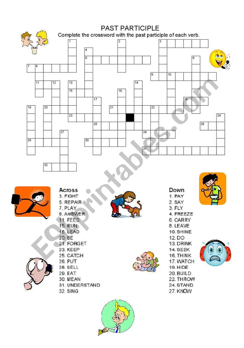 Crossword: Past Participle, Regular and Irregular Verbs (34 verbs)