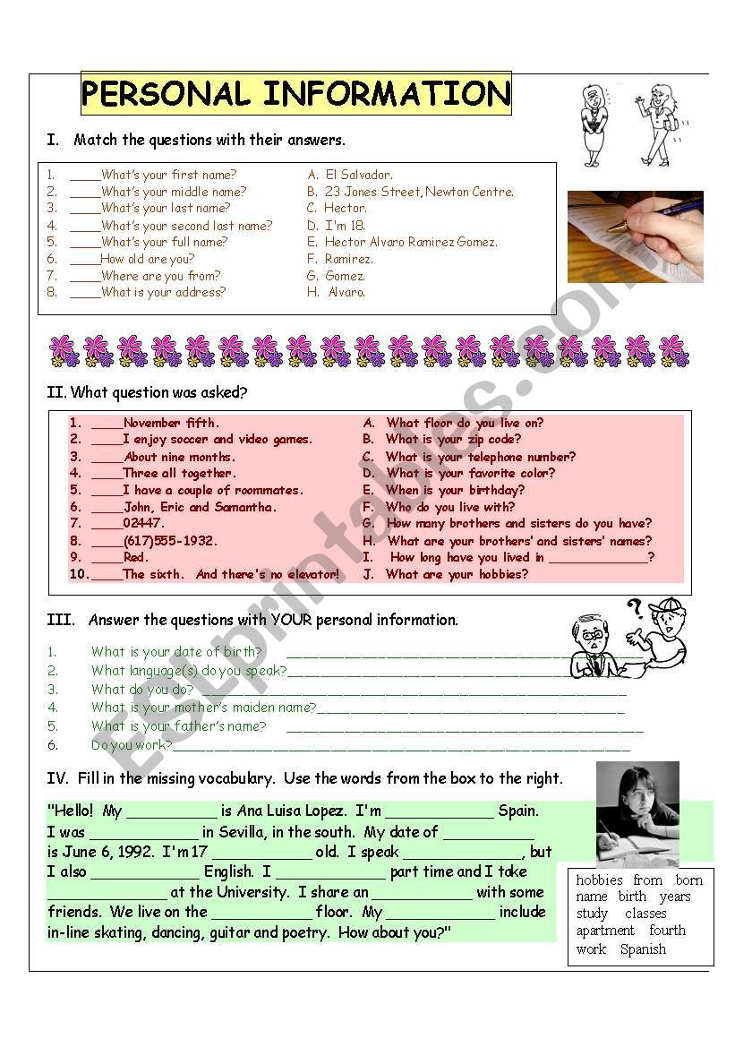 Personal Information What S Your Name Address Date Of Birth Esl Worksheet By Zoemorosini