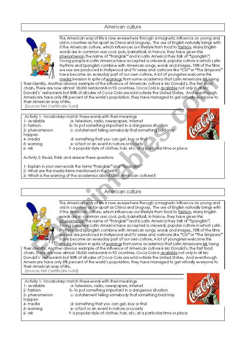American Culture worksheet