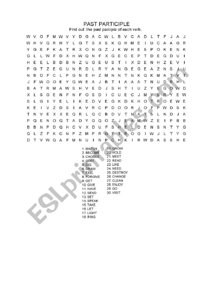 Word Search: Past Participle, Regular and Irregular verbs