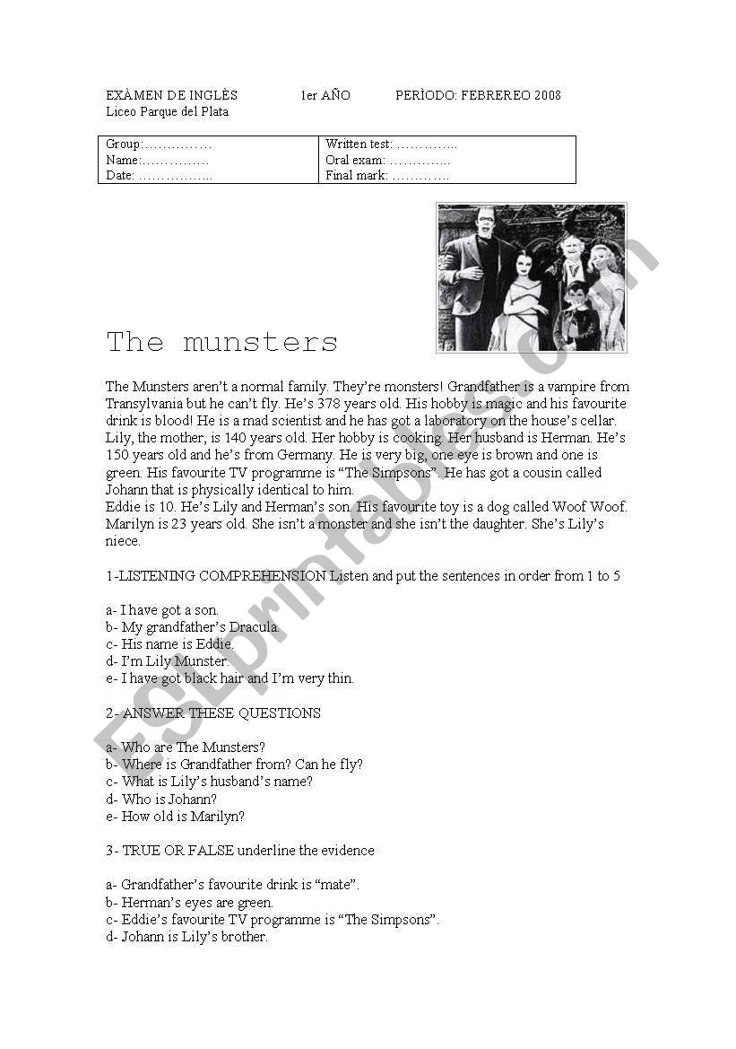 The Munsters worksheet