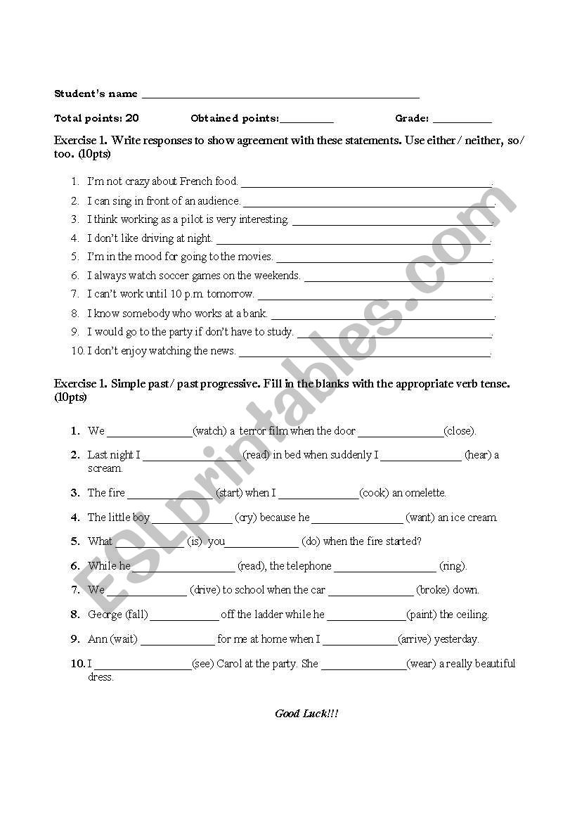 either/neither/so/too and past continuous quiz