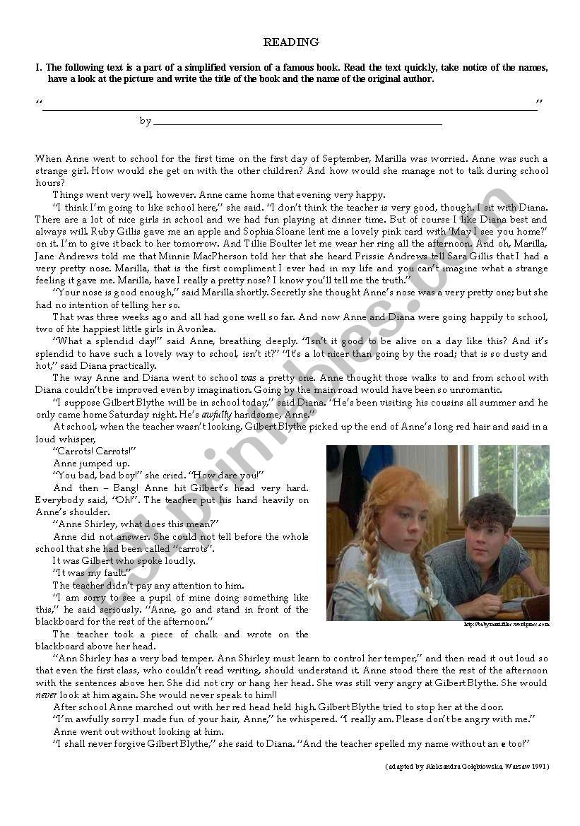 Anne of Green Gables worksheet