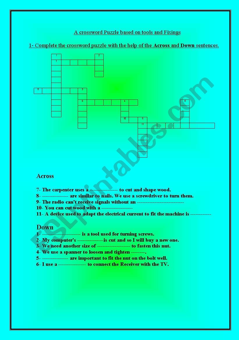 Tools and Fixings worksheet