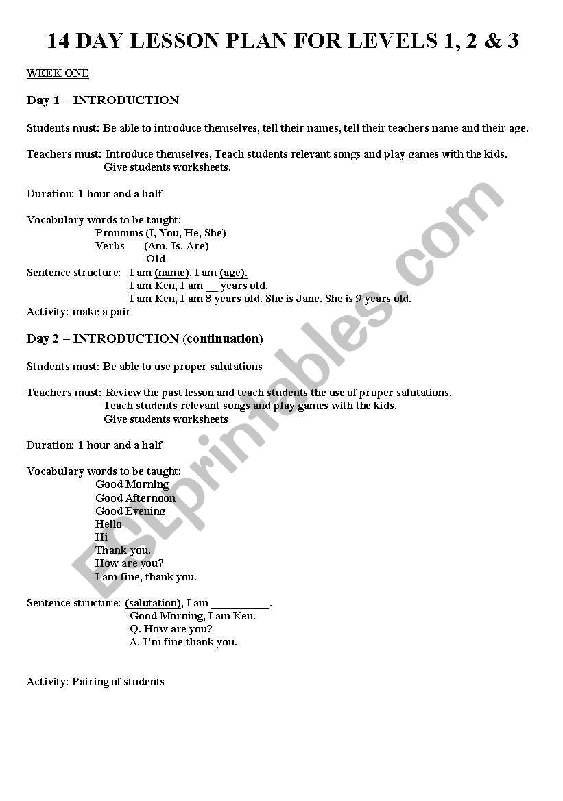 14 day lesson plan worksheet