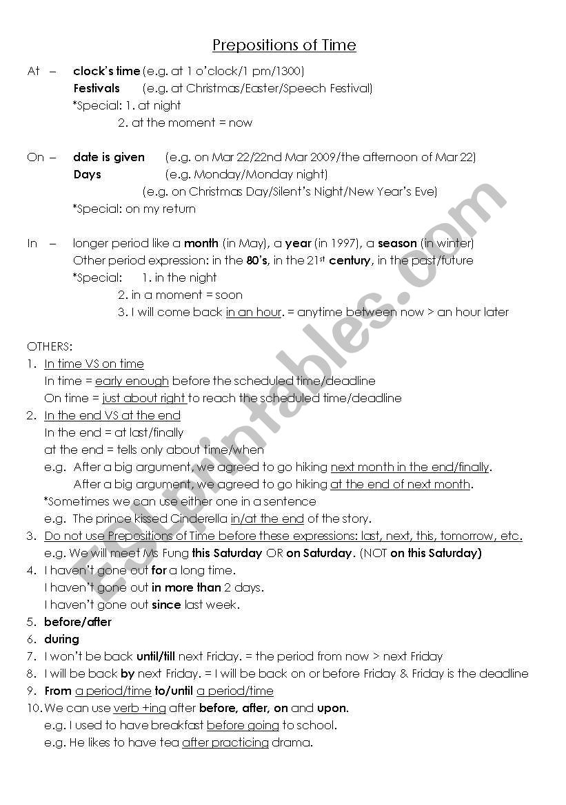 Prepositions of Time worksheet