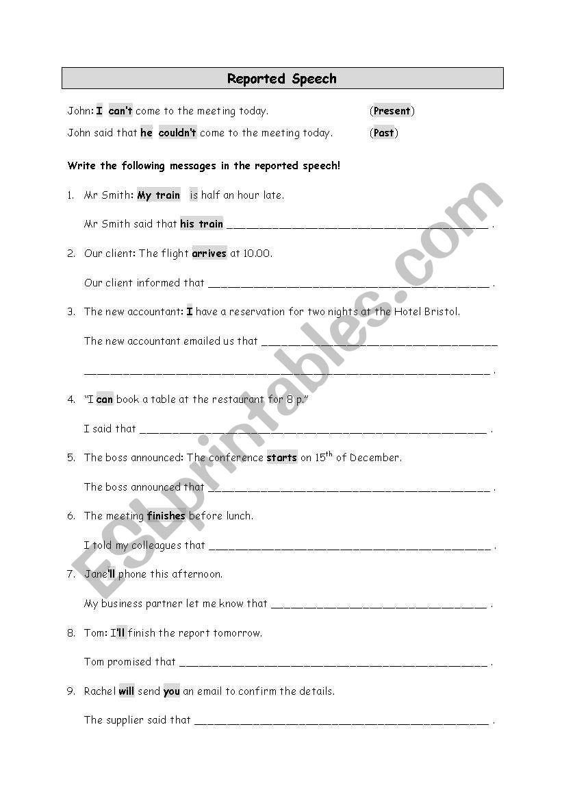 Reported Speech worksheet