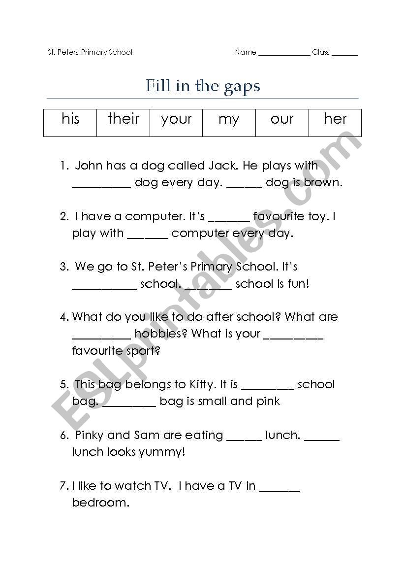 Possesive Pronouns Gap Fill Exercise
