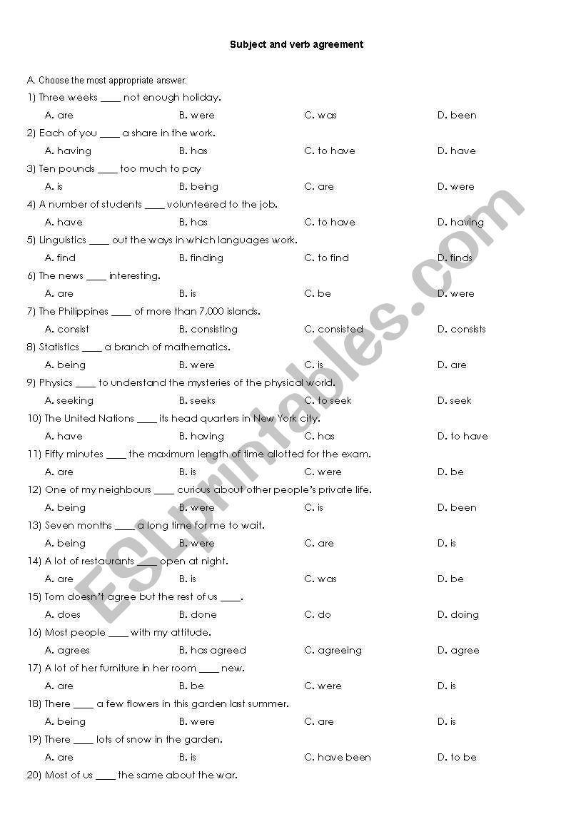 subject and verb agreement worksheet