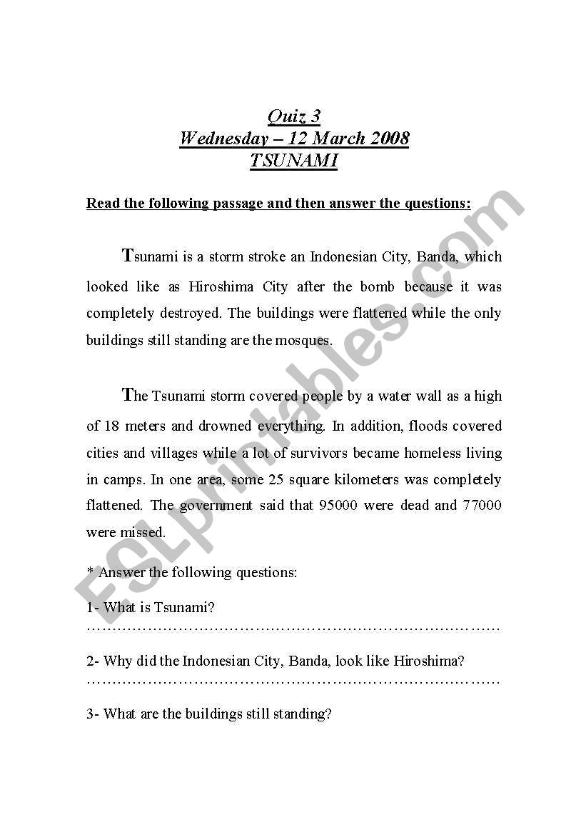 reading (tsunami) worksheet