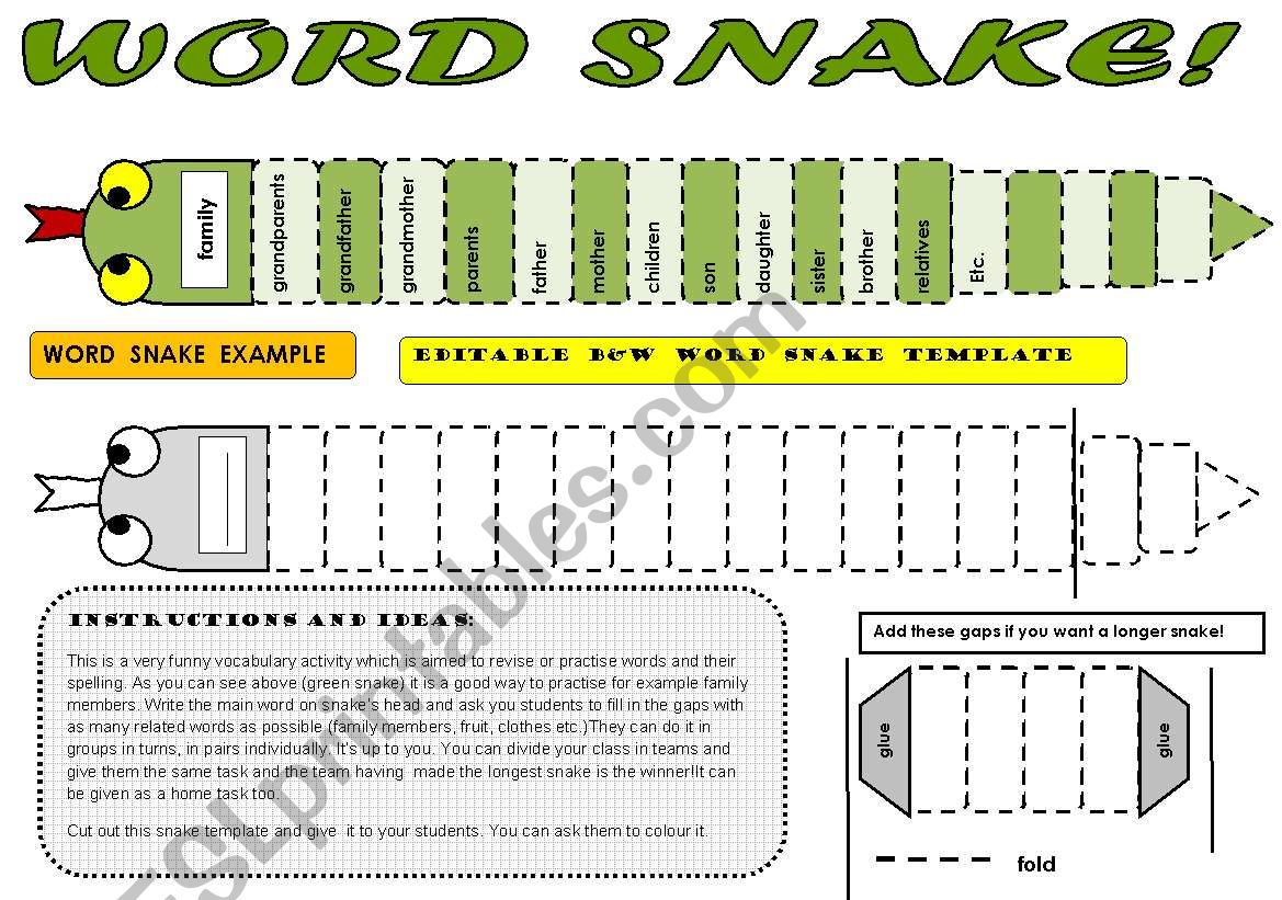 WORD SNAKE - FUN VOCABULARY ACTIVITY WITH EDITABLE B&W TEMPLATE