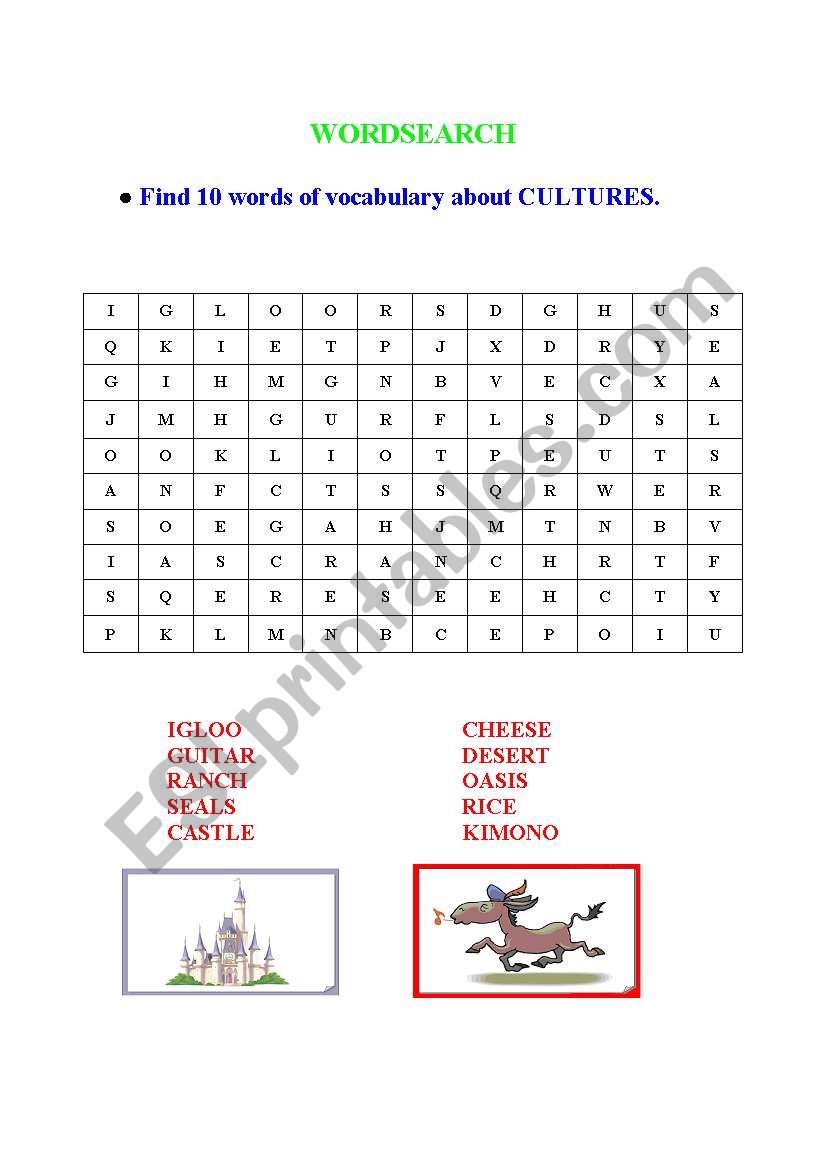wordsearch about cultures worksheet