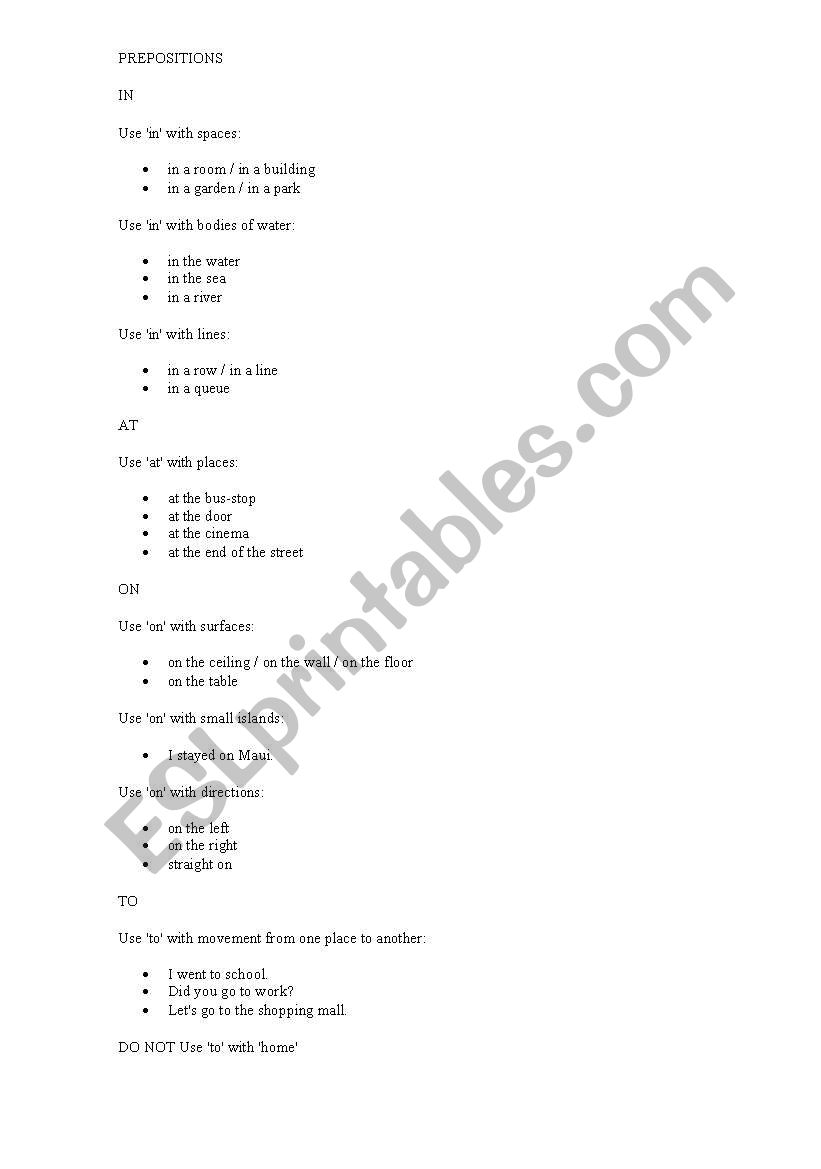 Prepositions of place worksheet