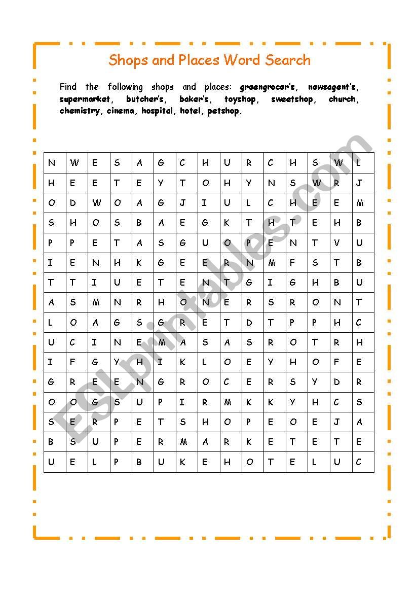 Shops and Places Word Search worksheet