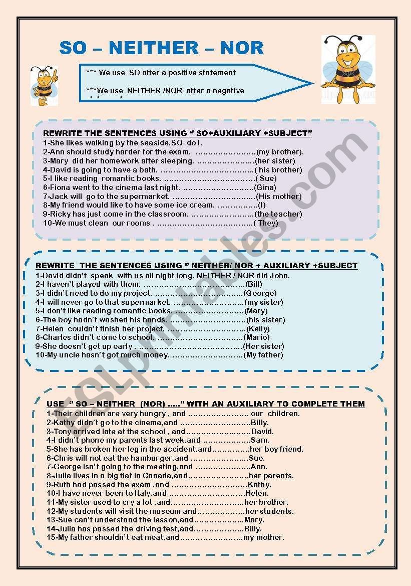 SO -NEITHER -NOR  worksheet