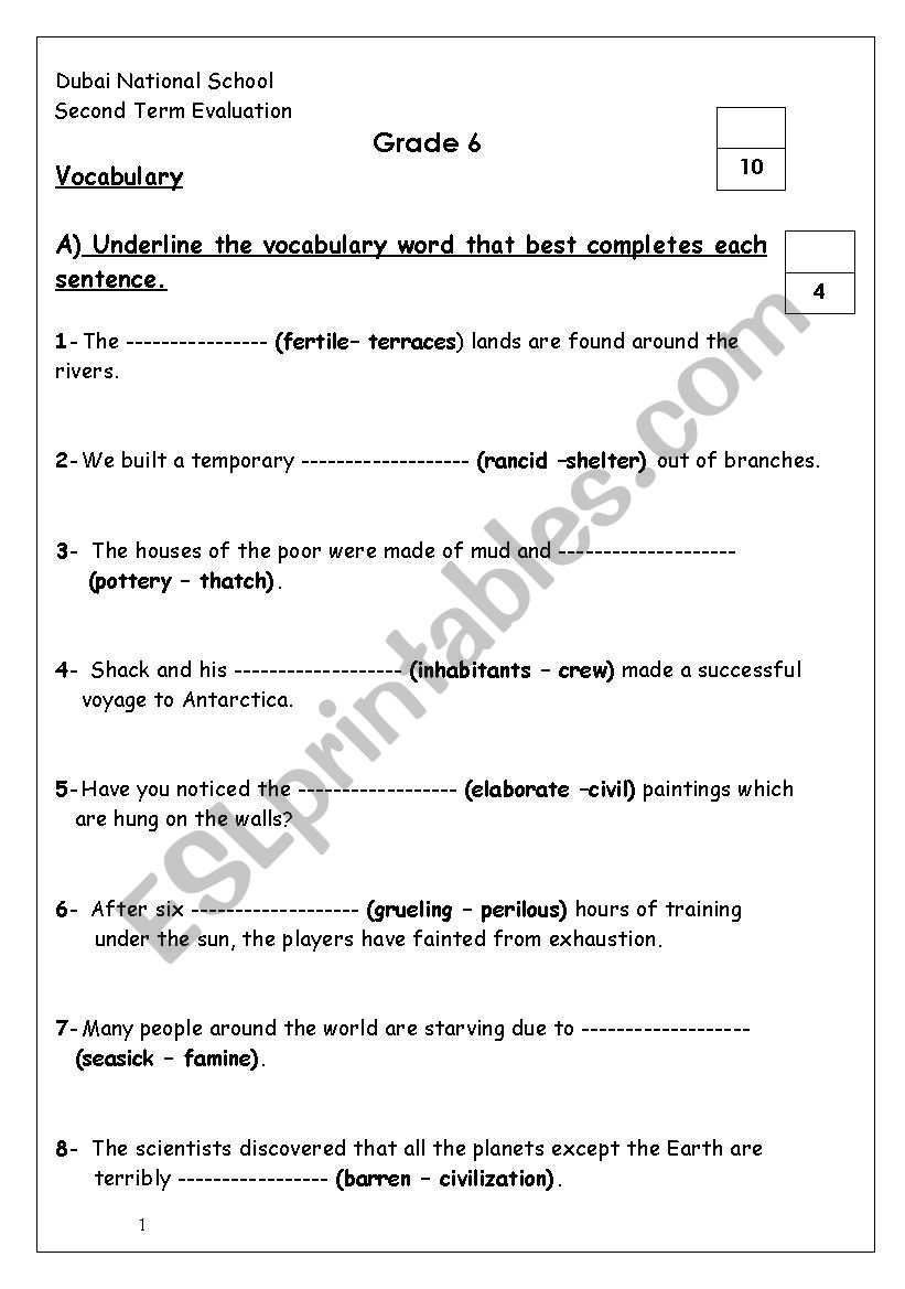 a test for grade 6 worksheet