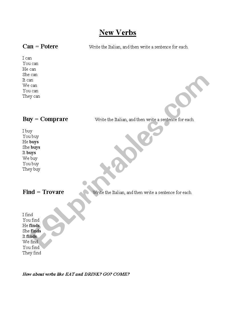 Verbs english italian worksheet