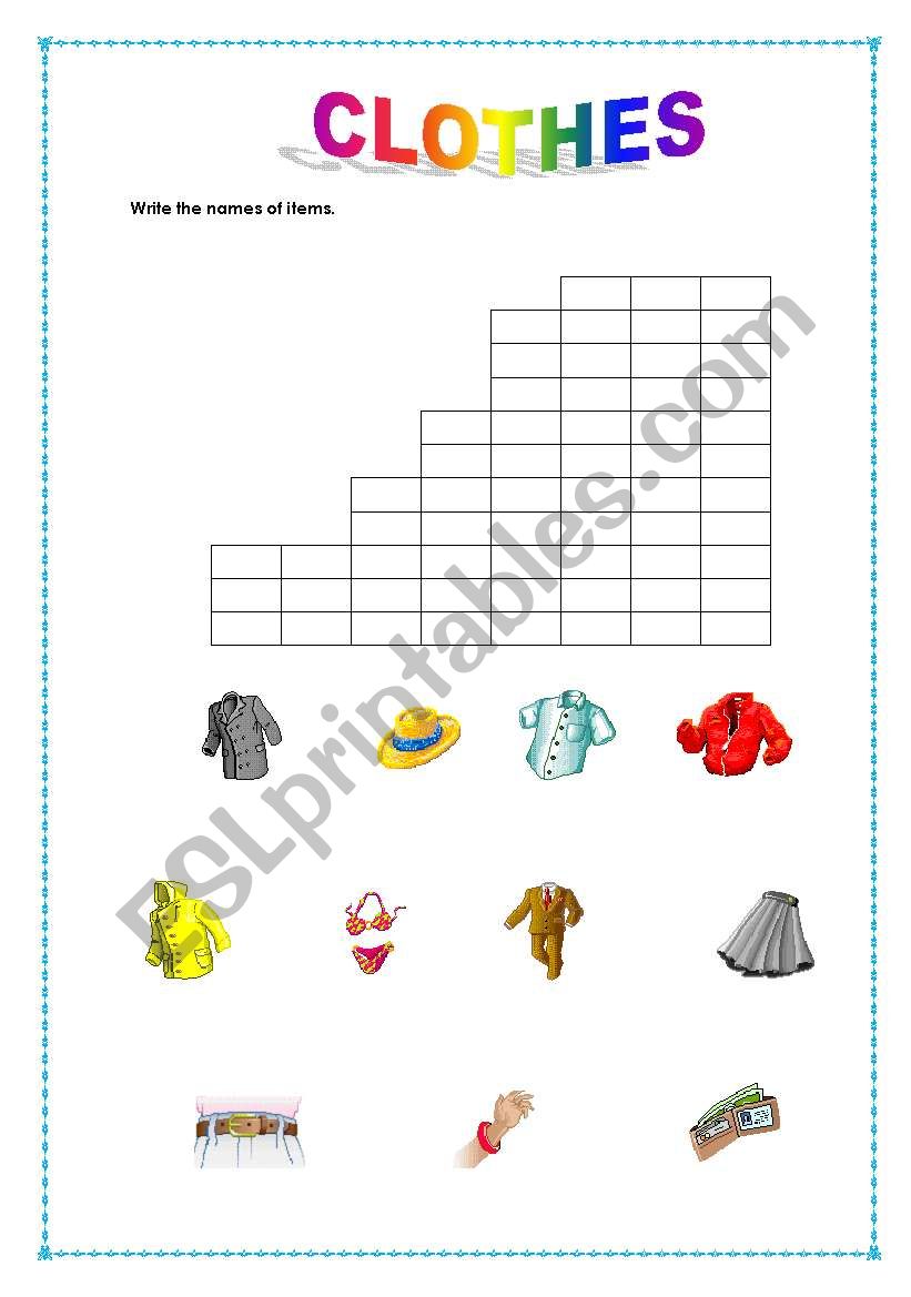 Clothes crossword worksheet