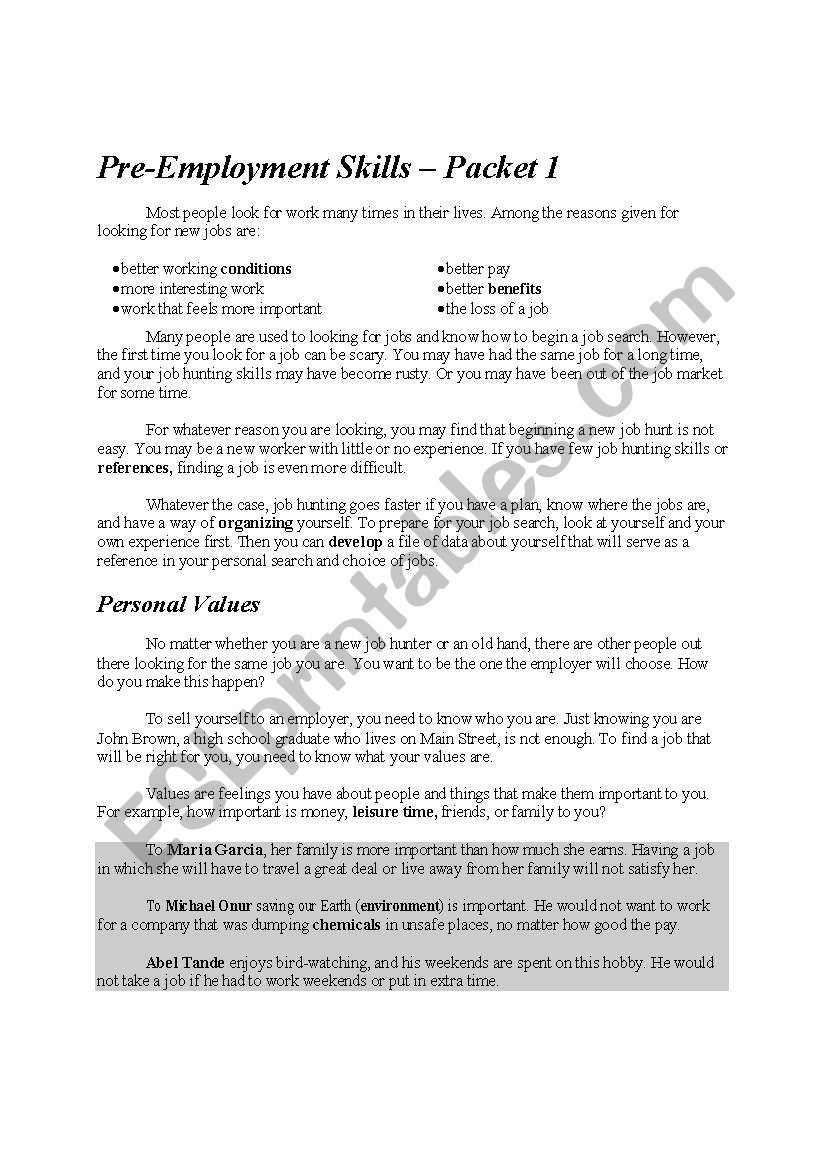 Pre-Employment Skills worksheet