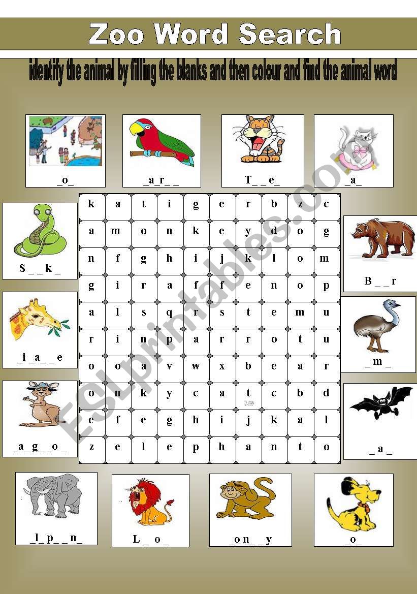 Zoo Word Search ESL Worksheet By Veenee