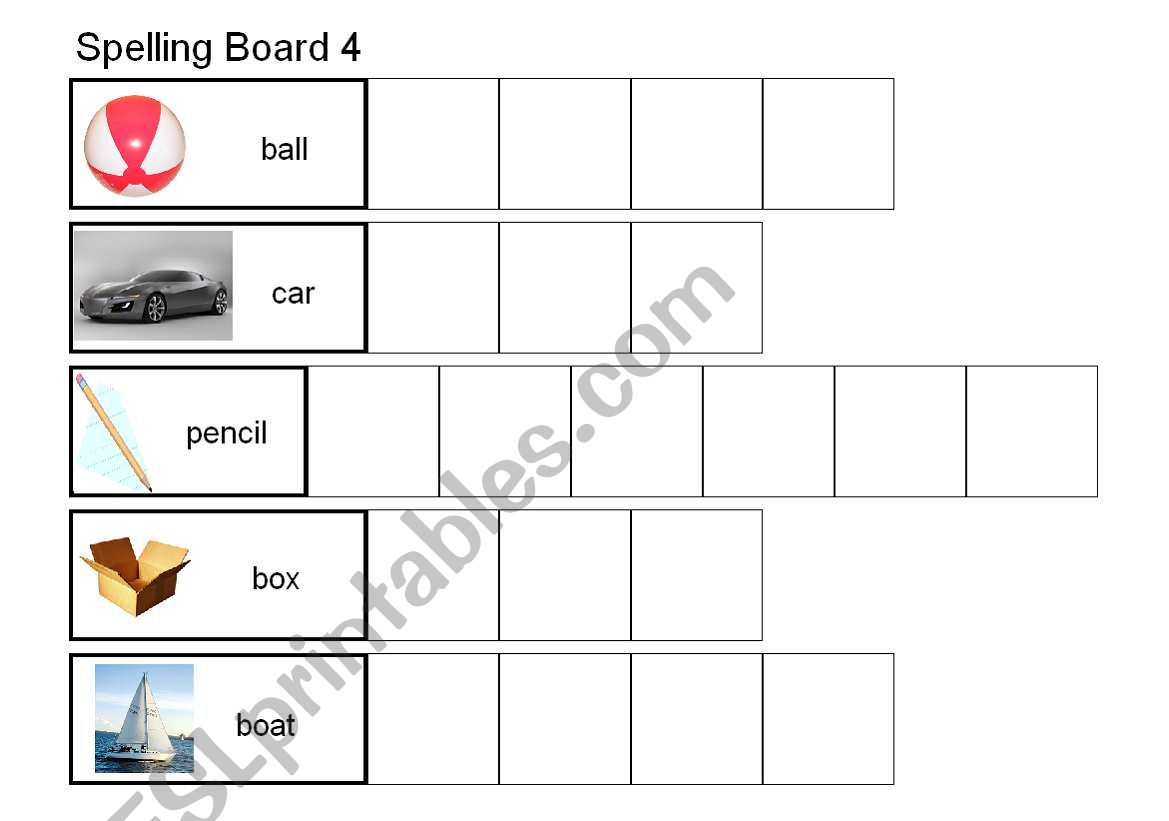 Spelling words ball car box pencil boat