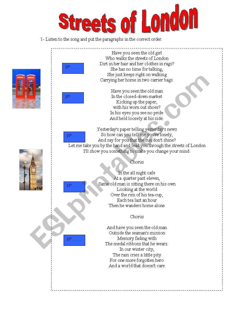 streets of london song and activities (adjectives) 2 pages