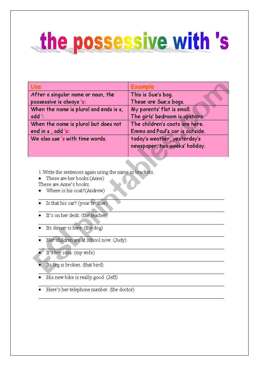 the possessive with s worksheet