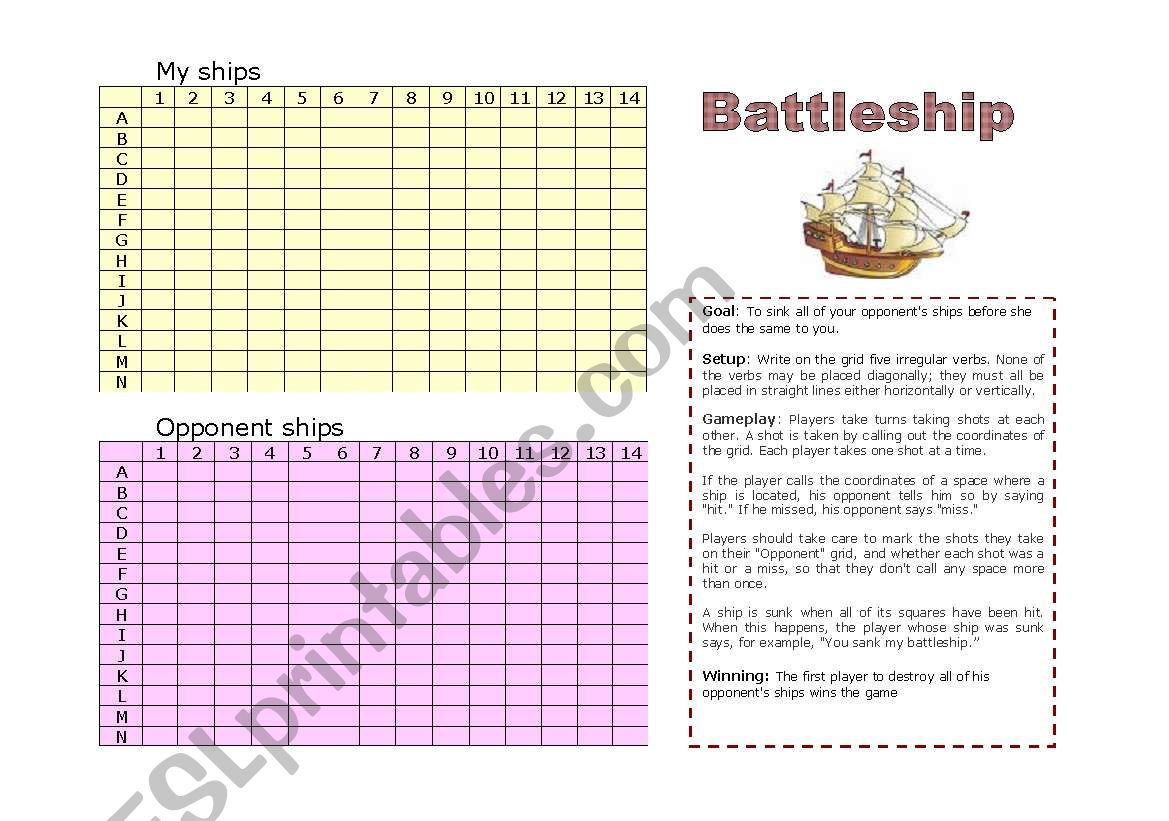 Past Tense Battleship worksheet