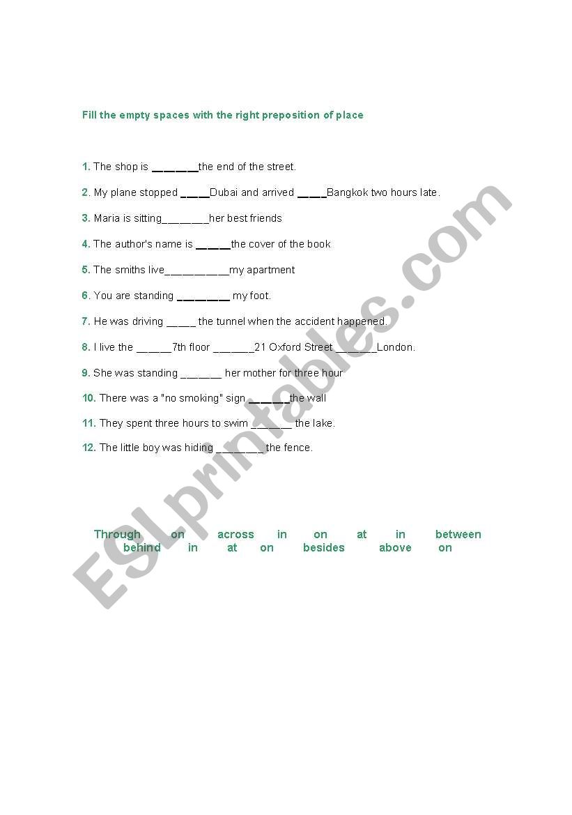 Prepositions of place worksheet