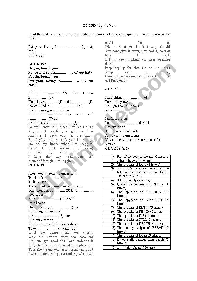 Beggin by Madcon worksheet