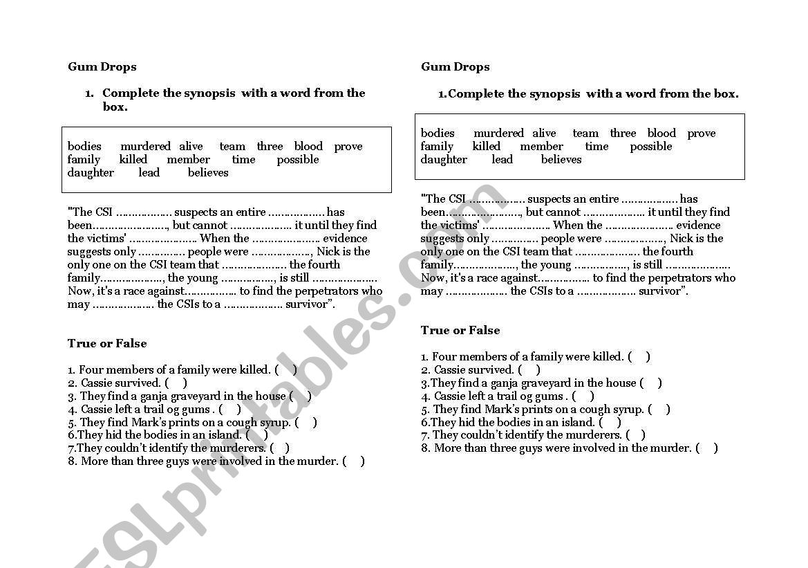 CSI Gum Drops worksheet