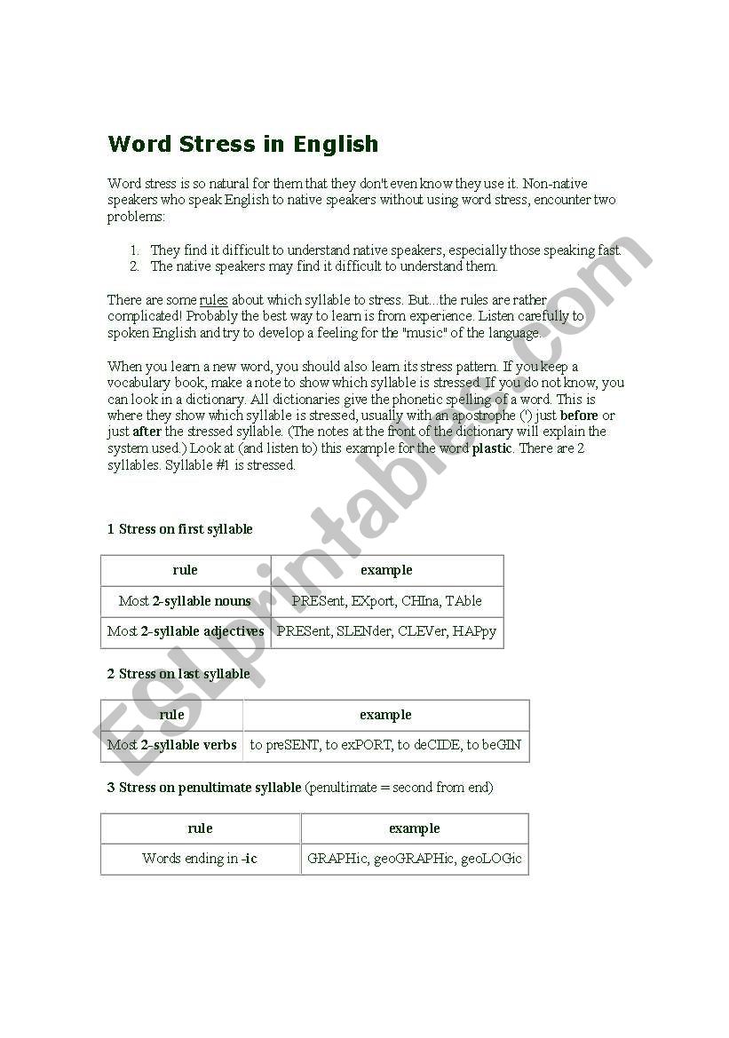 word stress rules worksheet