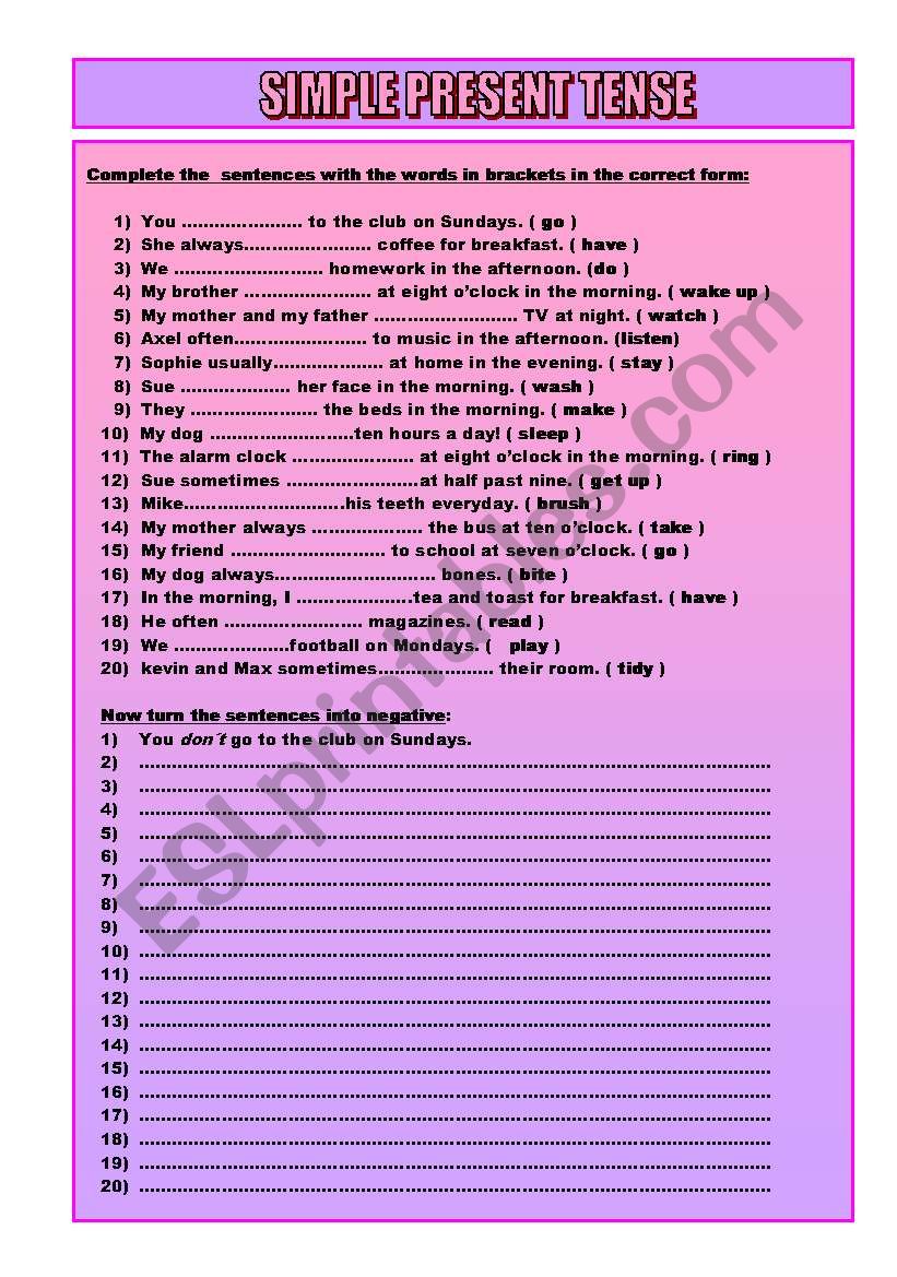 SIMPLE PRESENT TENSE worksheet