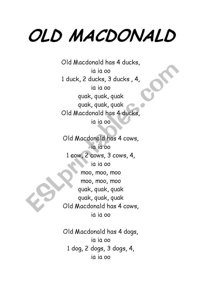 Old Macdonald - Songs letter worksheet