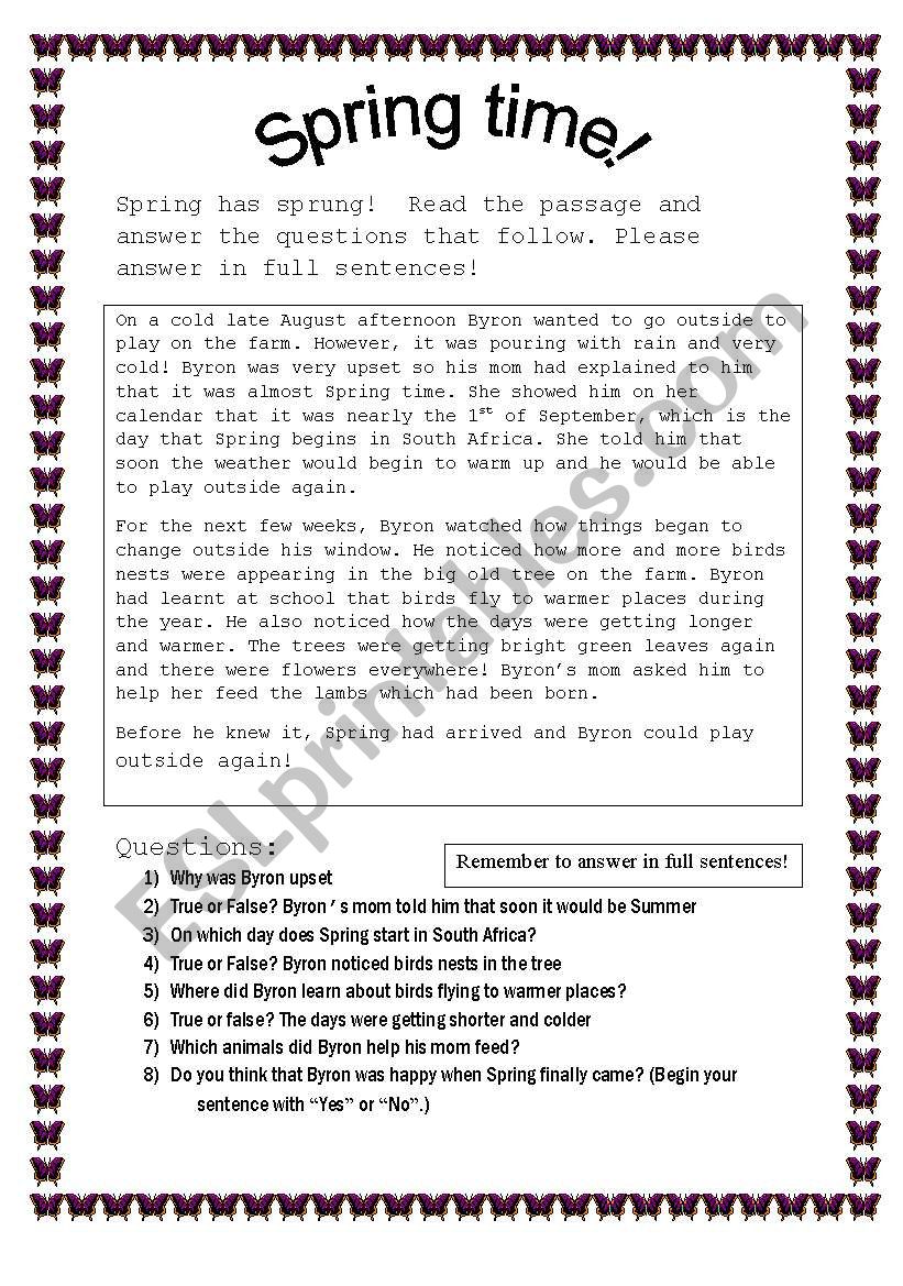 Spring comprehension worksheet