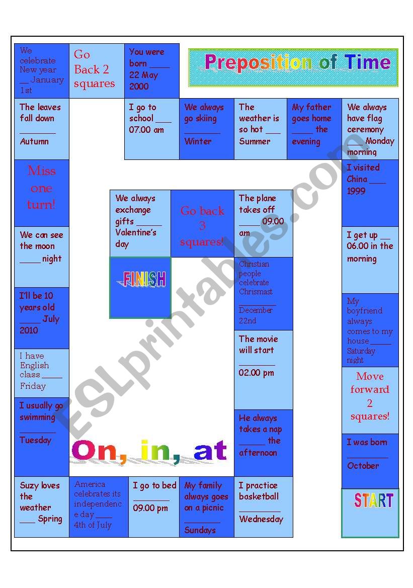 Preposition of Time Boardgame worksheet