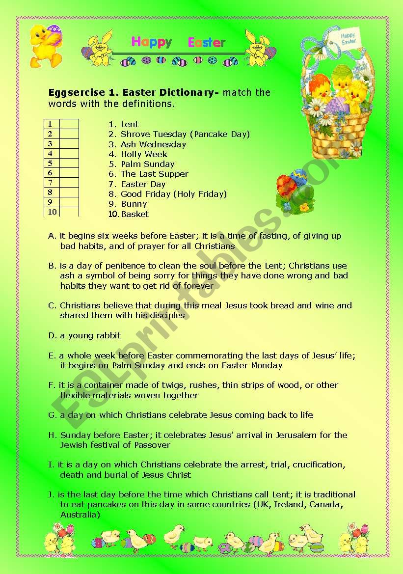Easter worksheet- lesson-with a game- 4 pages-1,2 student worksheets, 3,4 teachers guide and answers included