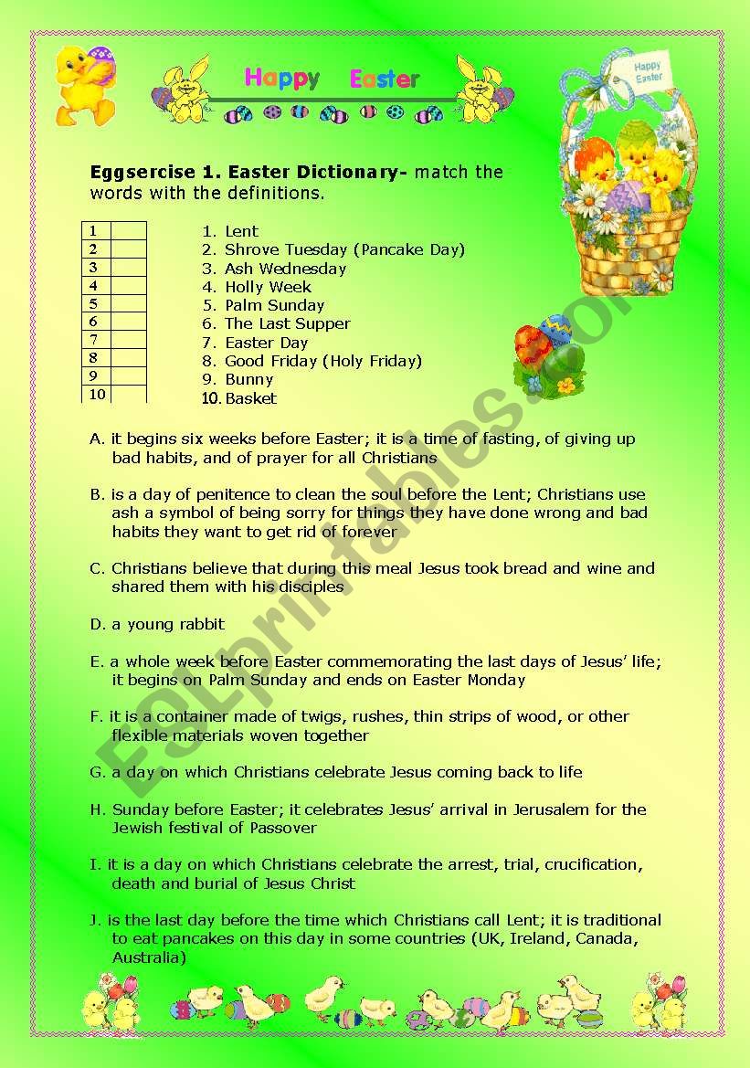Easter worksheet- lesson-with a game- 4 pages-1,2 student worksheets, 3,4 teachers guide and answers included